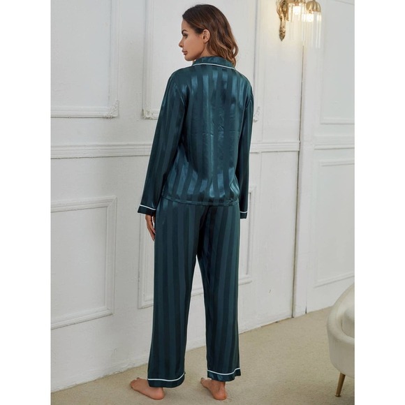 White 2 piece pajama set: Contrast Binding striped Satin pj Set - Picture 11 of 11